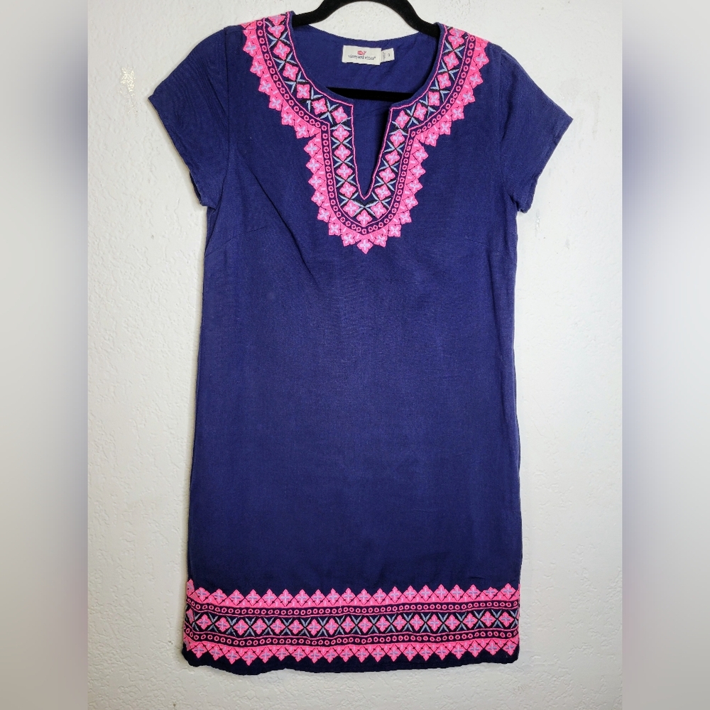 Vineyard Vines Navy Blue Tunic Dress Size 0 Pink Embroidered, Cotton Linen Blend